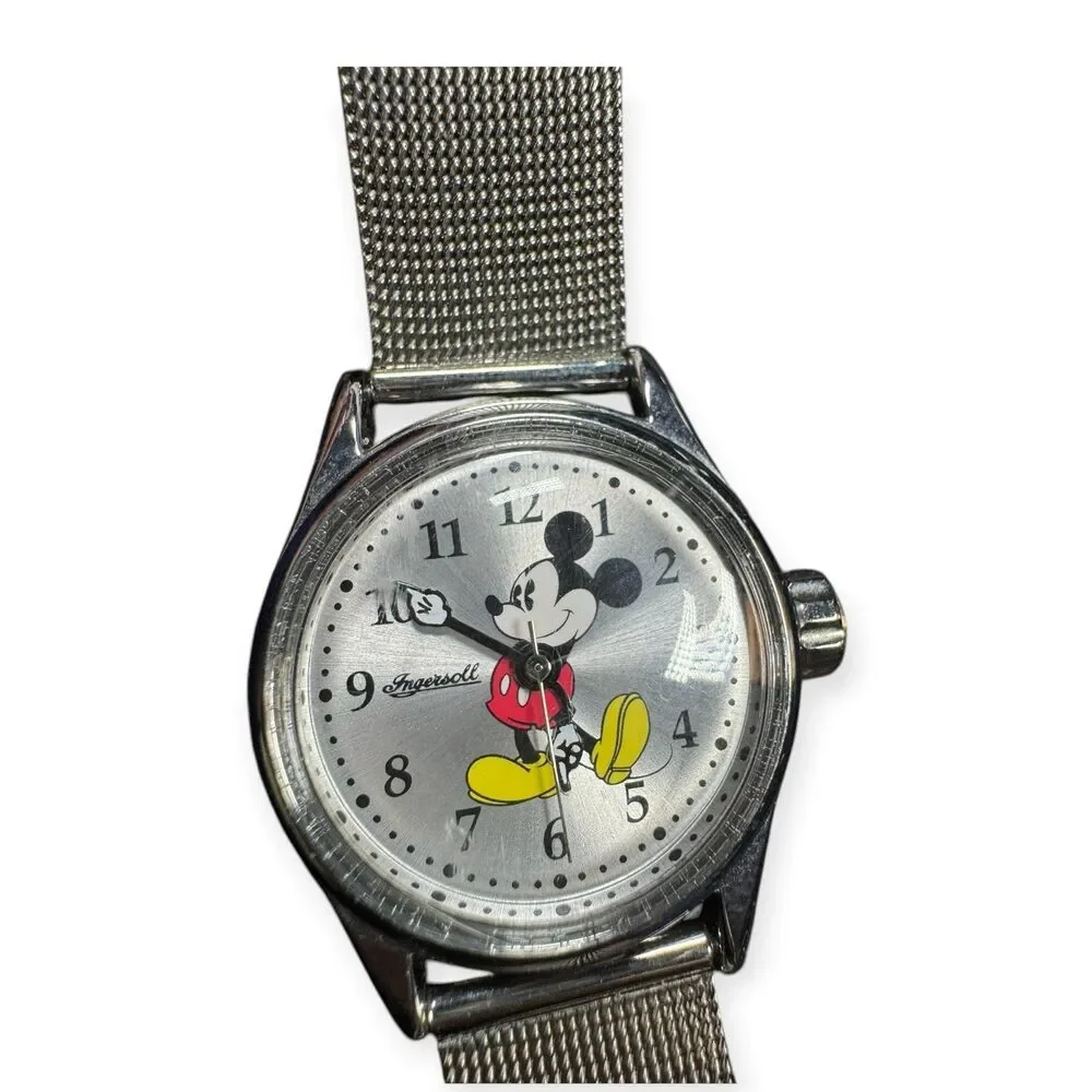 Disneyland Ingersoll Mickey Mouse Watch Silver Swiss Watch Base‎ VTG Rare